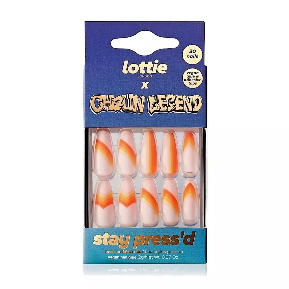 Lottie London X Chaun Legend Stay Press'd Press On Nails Orange Stripe NEW